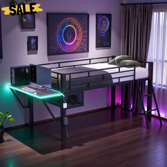 IVV Twin Size Mid Loft Bed with Desk and LED Lights, Metal Frame with MDF Desktop and Mesh Shelf, Space-Saving Gaming Bed with Incliner Ladder (Black)