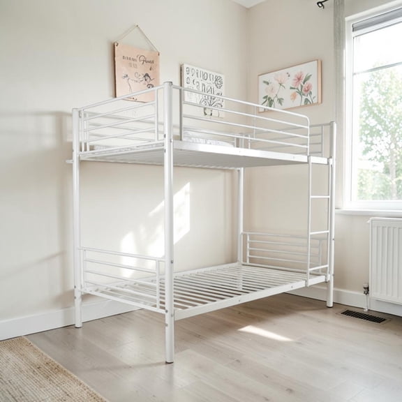 IVV Twin over Twin Steel Bunk Bed Frame with Reversible Left/Right Ladder, 13" Safety Guardrail, Metal Slats Support, No Box Spring Needed, Under-Bed Storage Space, White