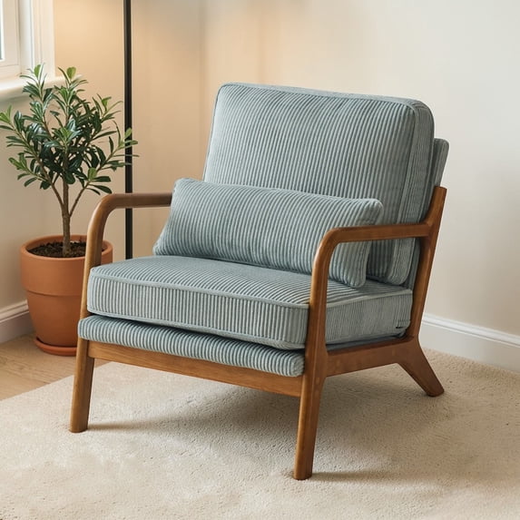 IVV Upholstered Accent Chair with Thick Seat Cushion and Lumbar Pillow, Teal Corduroy Leisure Armchair with Solid Wood Legs for Living Room, Bedroom, Reading Nook, Apartment & Small Spaces