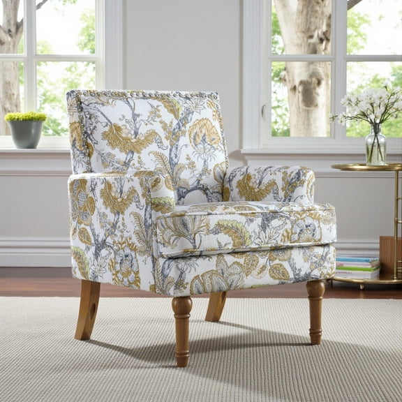 IVV Upholstered Armchair with Nailhead Trim & Solid Wood Legs, Comfortable Accent Reading Chair, 27"L x 28.5"W x 34"H, Yellow Floral