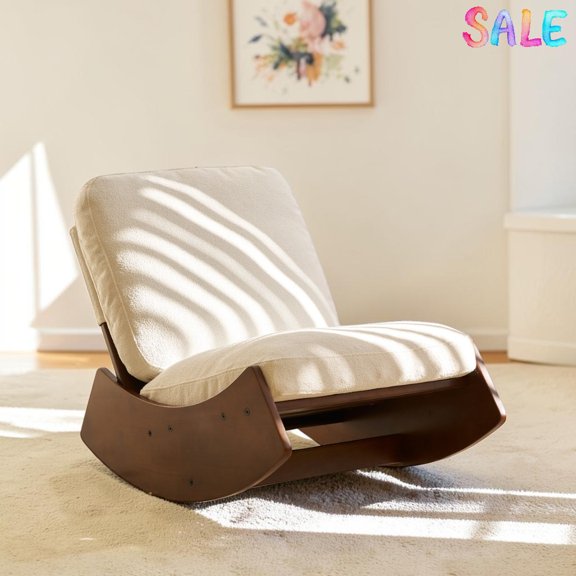 IVV Upholstered Glider Rocking Chair, White Corduroy Fabric Lounge Rocker with Stable Wood Base for Reading Nook or Living Space