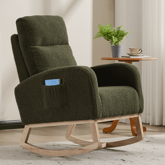 IVV Upholstered Teddy Fabric Rocking Chair in Dark Green, Modern Accent Rocker Chair with Side Pocket and Solid Wood Base, for Home or Office Use