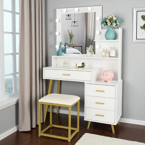 IVV Vanity Set with Lighted Mirror and Cushioned Stool, Large Makeup Table with 9 LED Bulbs, 4 Drawers & Open Storage Shelves, Dressing Table Desk for Bedroom, White