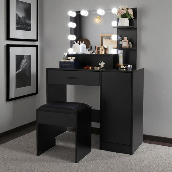 IVV Vanity Set with Lighted Mirror and Stool, 35.43"W Makeup Dressing Table with 10 LED Bulbs, 1 Drawer, 1-Door Cabinet & 3 Storage Shelves, Black