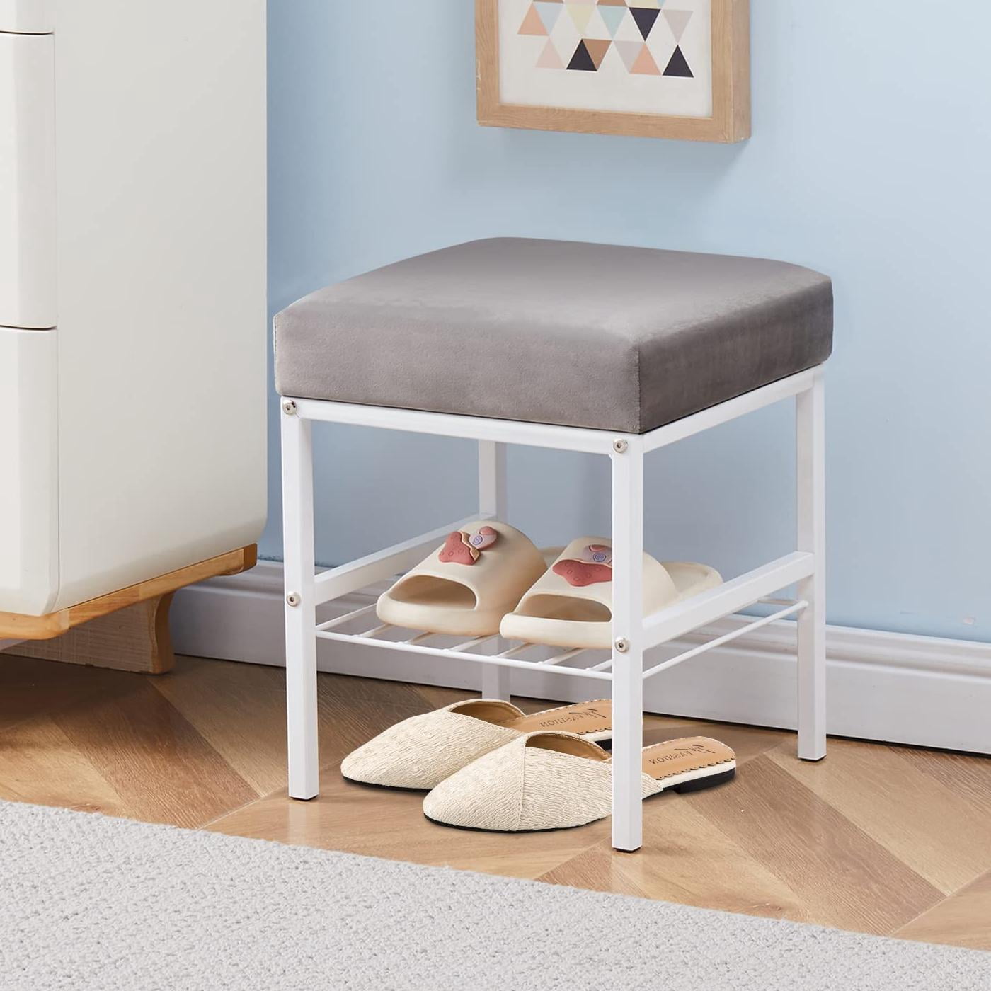 IVV Velvet Upholstered Ottoman, Soft Vanity Stool Makeup Chair w/ Padded Seat, Metal Legs and Open Shelf, Multifunctional Footrest/Shoe Changing Bench for Entrance, Bedroom, Living Room (Gray)