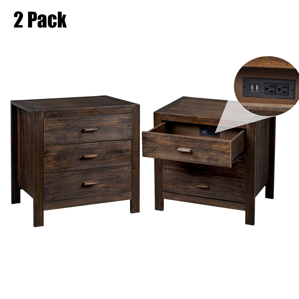 Rustic Brown Solid Pine Wood 3-Drawer Nightstands with USB Charging Station