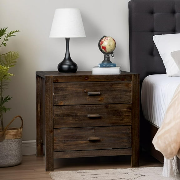 IVV Vintage 3-Drawers Nightstand in Dark Brown, Back Charging Station Design, Multi-Functional Bedside Table for Bedroom, 24"L x 17"W x 23.6"H