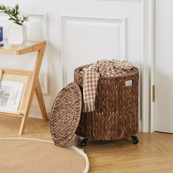 IVV Vintage 50L Handwoven Storage Basket, Multipurpose Rolling Hamper Organizer with Brakable Wheels and Lid, Clothes Toy Basket for Bedroom, Living Room, Bathroom (Brown)