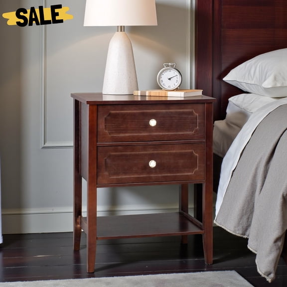 IVV Solid Pine Wood Nightstand with 2 Drawers & Open Shelf, Rustic Bedside Table in Brown Finish, Farmhouse Storage End Desk for Bedroom & Living Room