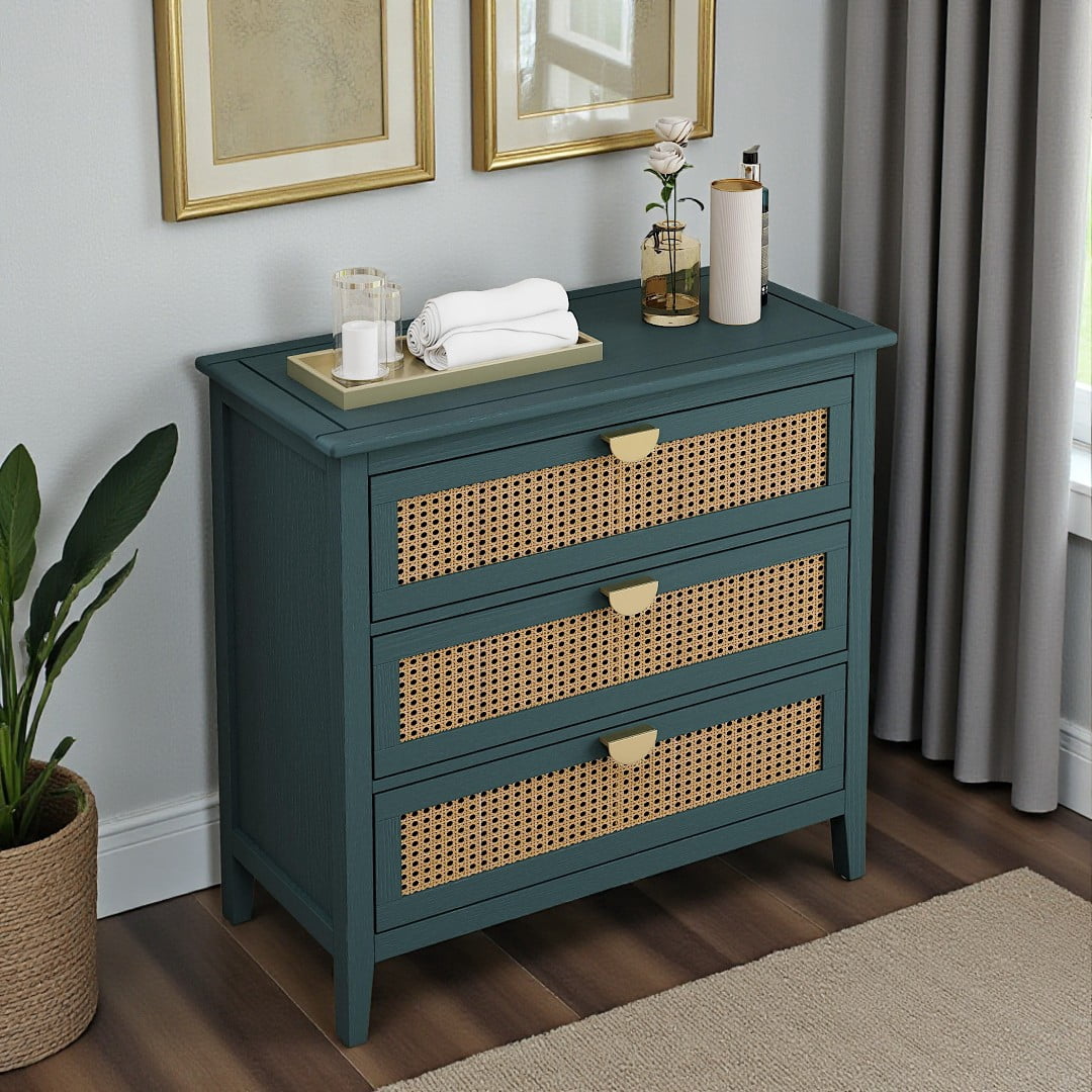 green rattan dresser IVV Vintage Storage with 3 Drawers, Boho Bedside Table, American Style Bedroom Furniture, 31.5