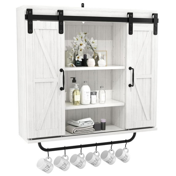 IVV Vintage Wall Cabinet with 2 Sliding Barn Doors, Adjustable Shelf, Towel Bar and 5 Hooks, Farmhouse Decorative Storage Cabinet for Kitchen Dining, Bathroom, Living Room, Gray