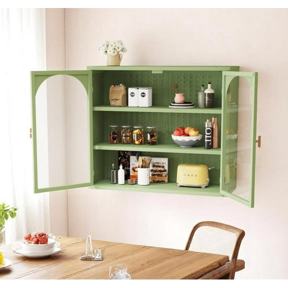 IVV Vintage Wall Cabinet with Glass Doors, 27.56"W Floating Metal Cabinet with Removeable Shelves, 3-Tier Bathroom Medicine Cabinet for Entryway Kitchen Dining Room, Green