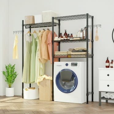 IVV Over The Washer and Dryer Storage Shelf, Laundry Room Drying Rack, 3 Tier Adjustable Height Shelving Bathroom Space Saving Rack with Wire Basket and 2 Hooks, 57.5"L x 13.78"W x 76.4"H, Black