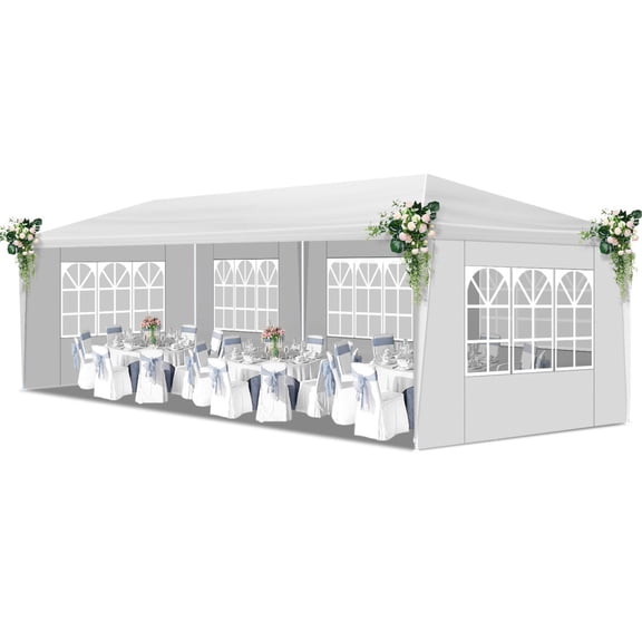 IVV Waterproof Wedding Party Tent with 5 Removable Side Panels & Windows Design, 10x30 Ft Outdoor Event Gazebo Canopy, White