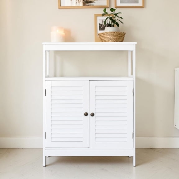 IVV White Bathroom Cabinet with Louvered Doors & Bronze Handles, Freestanding MDF Cabinet with Open Storage & Adjustable Shelf, Multipurpose Organizer Cupboard for Bathroom, Kitchen & Living Room
