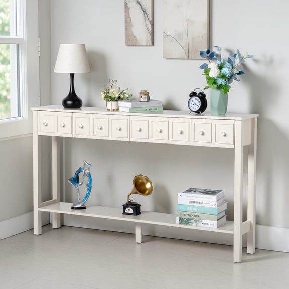 IVV White Console Table with 4 Drawers & Bottom Shelf, 59.8" Rectangular MDF Entryway Table with 5 Supporting Legs, Elegant Long & Narrow Sofa Table for Hallway Living Room