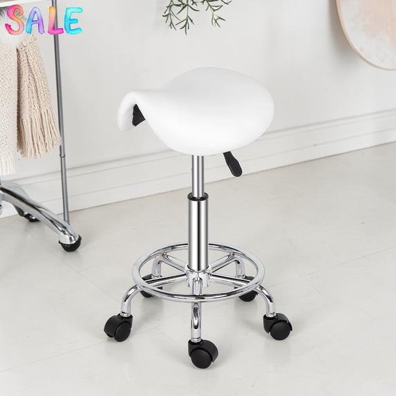 IVV White Swivel Saddle Stool on Wheels, 20"-25.6" Height-Adjustable Rolling Stool, PU Leather Upholstered Rolling Seat for Salon, Massage, Home Office