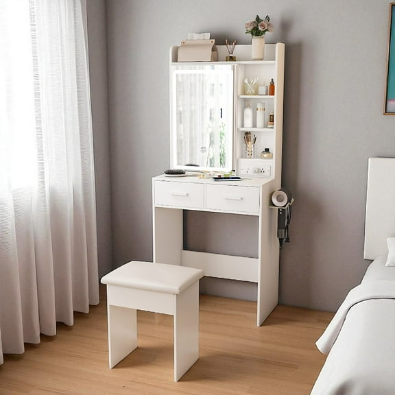 IVV White Vanity Desk with Sliding Mirror & LED Lights, Built-in Power Outlets & USB Ports, Padded Stool, Compact Makeup Dressing Table with Open Shelves & Storage Drawers for Small Bedrooms
