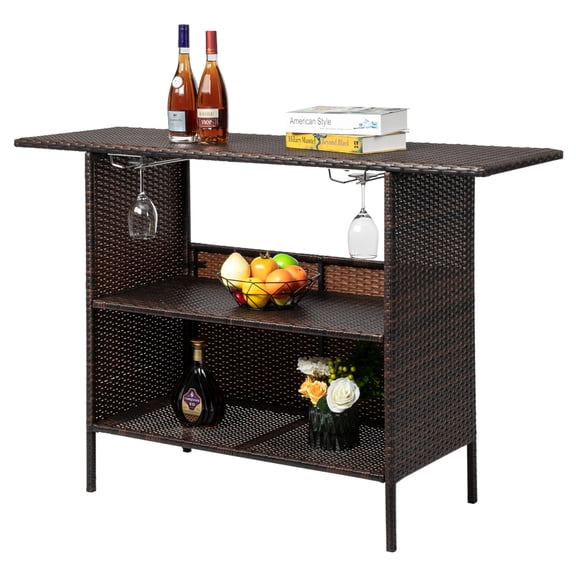 IVV Wicker Outdoor Bar Table with 2 Storage Shelves, 2 Sets of Rails for Glasses, Patio Bar Table Outdoor Table with Storage for Backyard, Poolside, Garden (Brown)