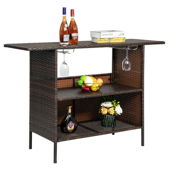 IVV Wicker Outdoor Bar Table with 2 Shelves and Glass Holder, Rattan Patio Storage for Backyard, Poolside, Garden (Brown Gradient)