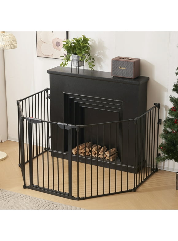 IVV Wide Configurable Baby Gate Fireplace Safety Fence/Guard Adjustable 5-Panel Metal Play Yard for Toddler/Pet/Dog Christmas Tree Fence, Black