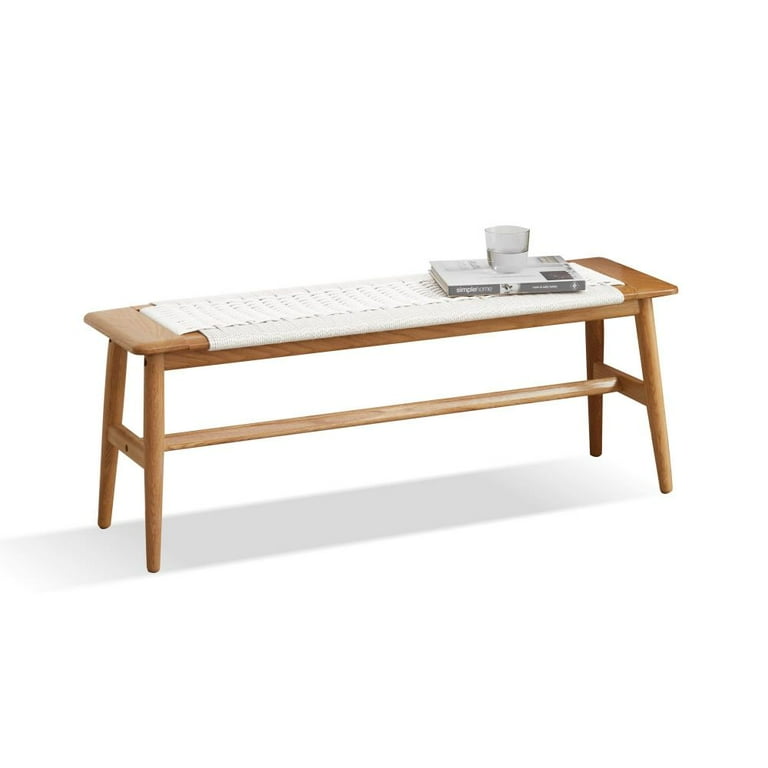 IVV Wood Bench Seat Small Rattan Cane Bench Wicker Bench for End of Bed Living Room Entryway Foyer Indoor Weave Bench Natural and White