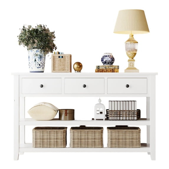 IVV Wood Console Table with 3 Drawers, 50" Sideboard Table with 2-Tier Open Shelves, Retro Style Entryway Table for Entryway Hallway,Living Room (Antique White)