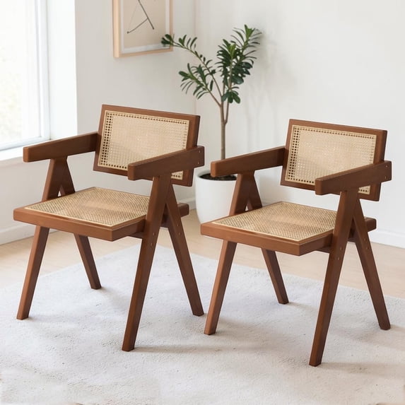 IVV Wooden Dining Arm Chairs Set of 2, Versatile Accent Chair with Rubber Wood Legs, Rattan Seat & Back, for Living Room Reading Nook, Easy Assembly, Brown