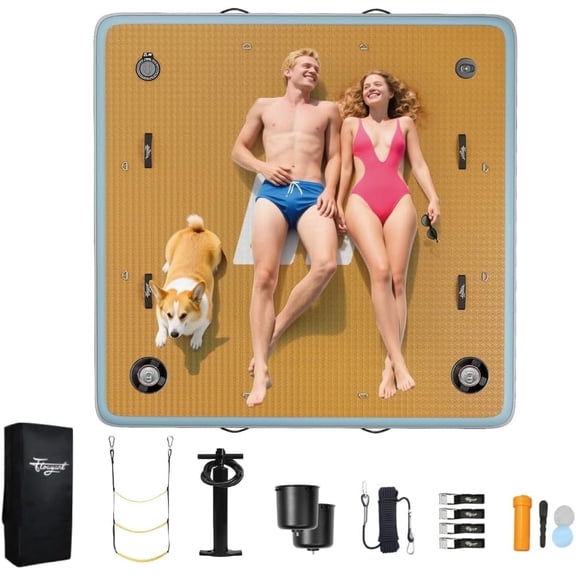 IVY&LANE 7x7FT Inflatable Dock Floating Platform for 3-5 Adults|Detachable Cup Holder|Action Camera Mount|12mm EVA Non-Slip Foam|Raft for Pool/Beach/Ocean/Boat,Square