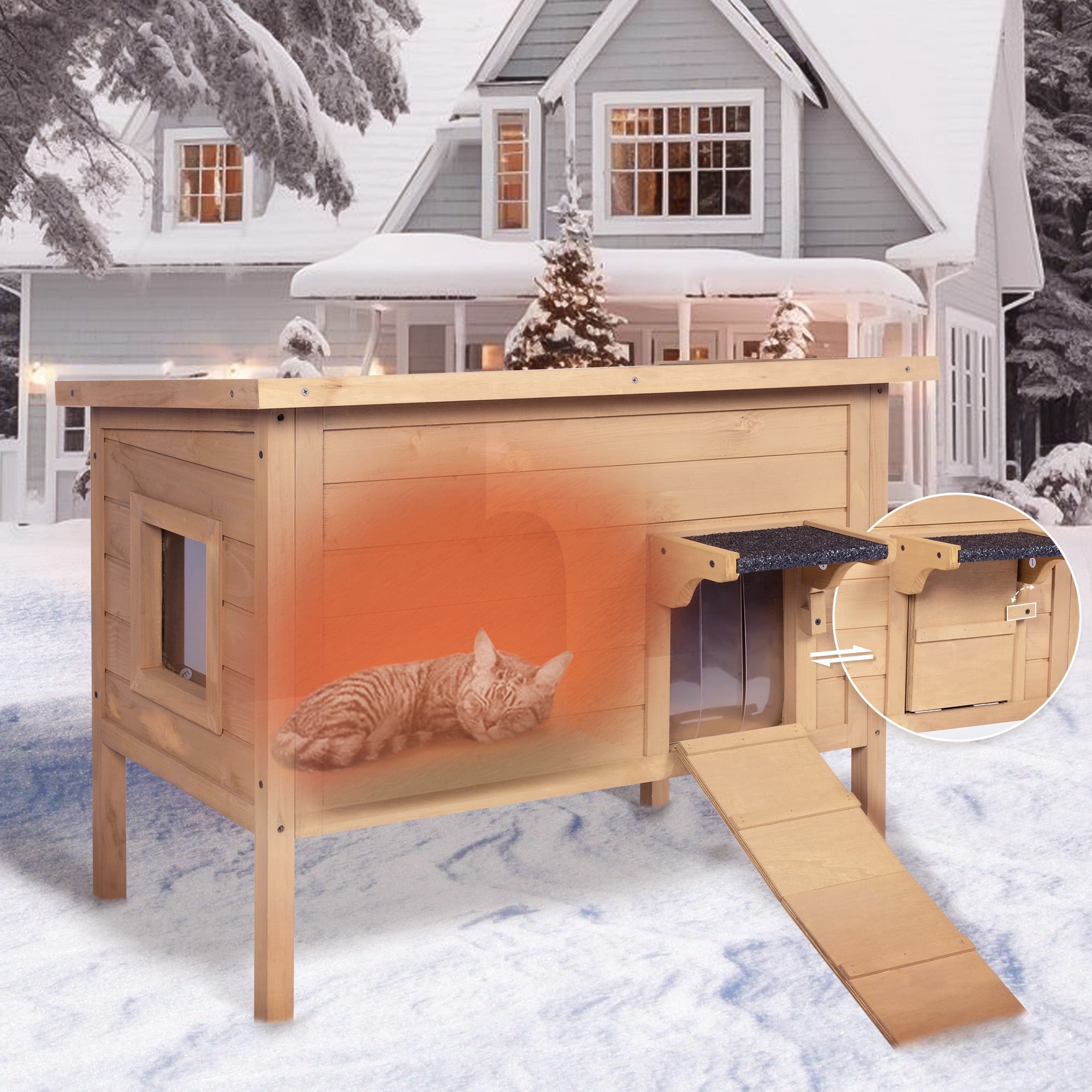 IVY&LANE Outdoor-Cat-House,Insulated-Feral-Cat-Shelter,Weatherproof,for Winter,Foam & Wood,Large,for Multiple Cats,Fold-up Stair,Acrylic Window,Brown