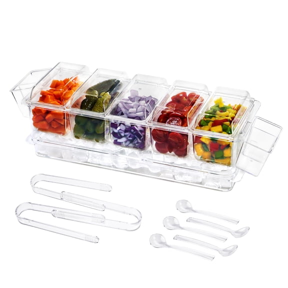 IVYHOME Chilled Condiment Server | Taco Bar Serving Set for Party | Chilled Condiment Tray with Lid and 5 Removable Compartments Y102