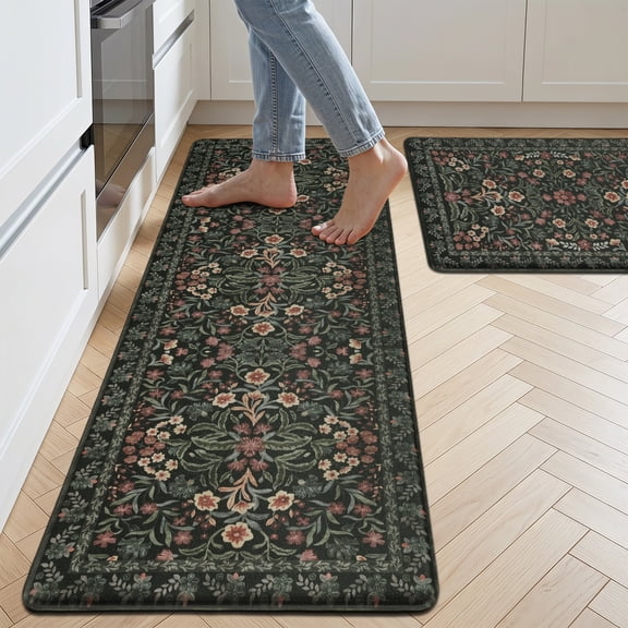 Ivalue Kitchen Mat Sets 2 Piece Cushioned Kitchen Floor Mats Floral Comfort Standing Rug for Laundry, Sink, Office, Desk (17"x28" 17"x47", Black)