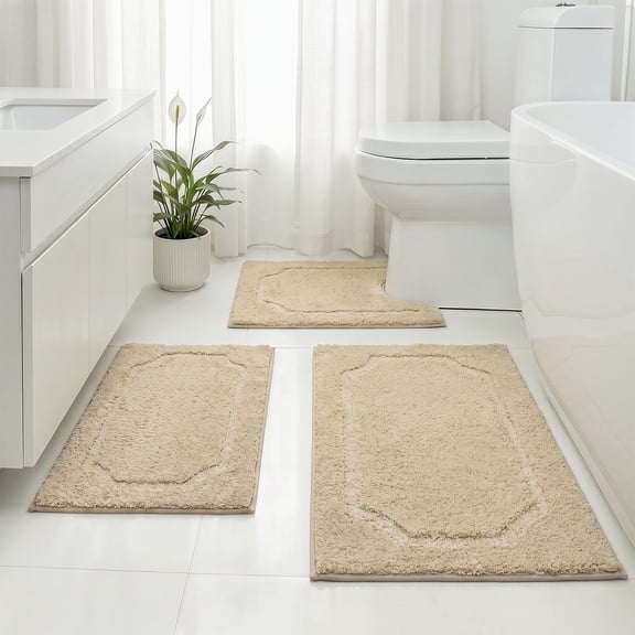 IValue Bathroom Rugs Sets 3 Piece Absorbent Bath Mats for Bathroom Washable Bath Mat Set with U-Shaped Contour Toilet Rug, Beige