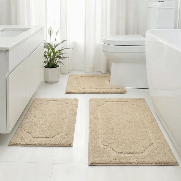 IValue Bathroom Rugs Sets 3 Piece Absorbent Bath Mats for Bathroom Washable Bath Mat Set with U-Shaped Contour Toilet Rug, Beige