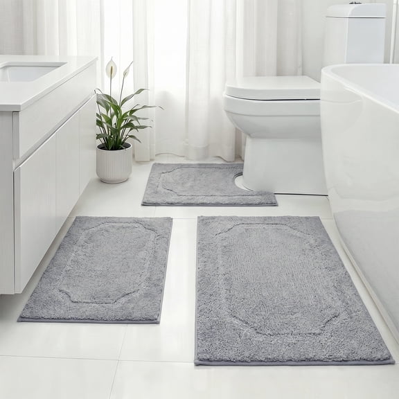 IValue Bathroom Rugs Sets 3 Piece Absorbent Microfiber Bath Mat and U-Shaped Contour Toilet Rug, Light Gray