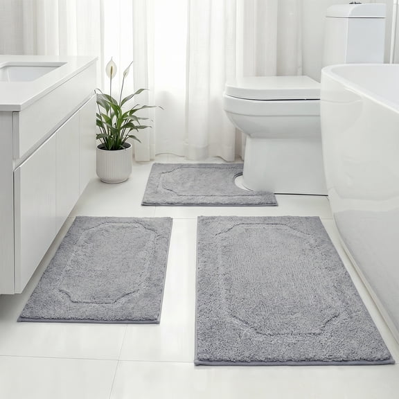 IValue Bathroom Rugs Sets 3 Piece Absorbent Microfiber Bath Mat and U-Shaped Contour Toilet Rug, Light Gray