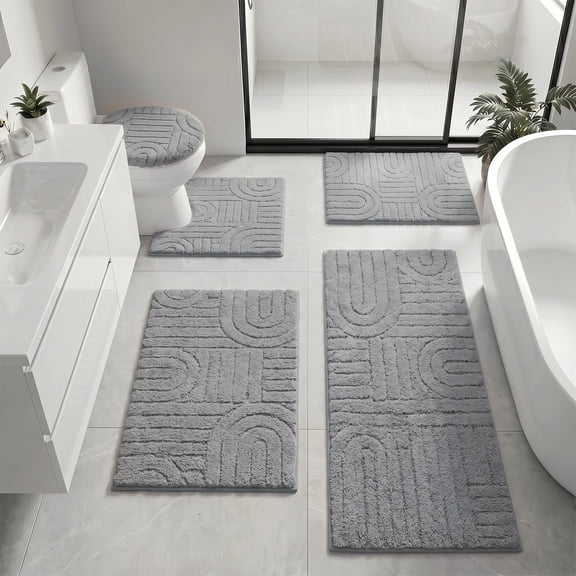 IValue Bathroom Rugs Sets 5 Piece Ultra Absorbent Bath Mat Microfiber Bath Mats and U-Shaped Contour Toilet Rug Washable Shaggy Bath Room Floor Mats, Gray
