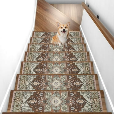IValue Non Slip Stair Treads for Wooden Steps Indoor, 15 Pack 8"x30" Carpet Stair Treads with Rubber Backing, Stair Runner for Kids Elders and Dogs, Boho Stair Rugs for Home Decor, Brown Orange
