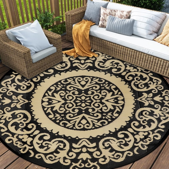 IValue Round Outdoor Rugs 6Ft Waterproof Patio Plastic Straw Rug Reversible Camping Carpet