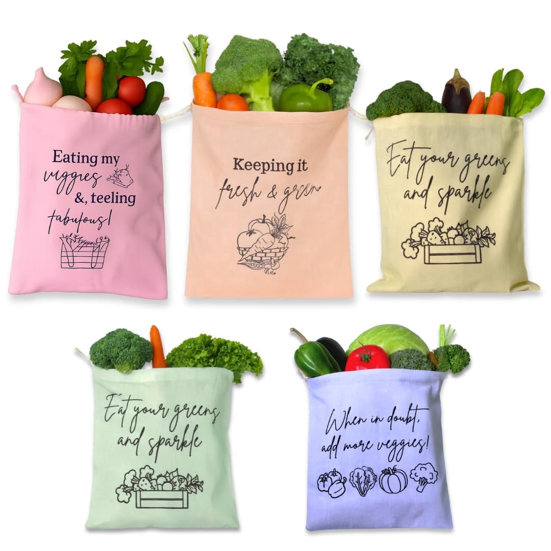 IVillage A Family Cotton Vegetable Bags Reusable Drawstring Produce Pouches for Fridge Storage Set of 10