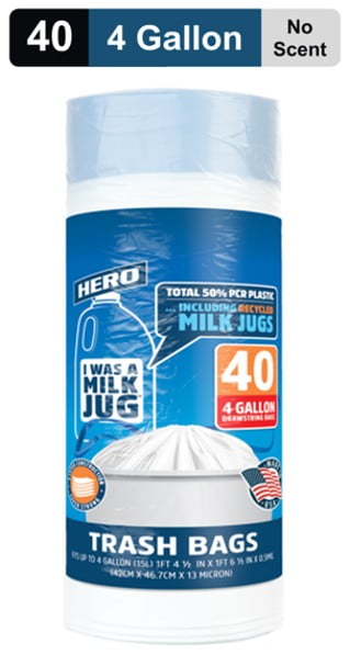 Hero, I Was A Milk Jug, Trash Bags, 4 Gallon, 40 Count Package, Recycled, Bathroom, Office, Kitchen, Small Trash Bag