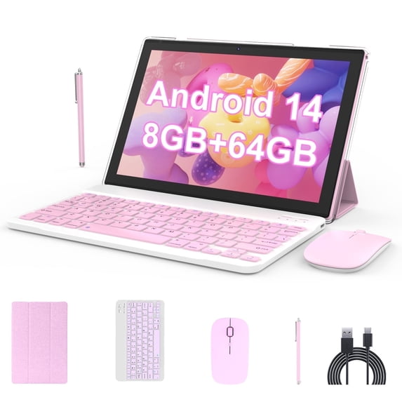 IWEGGO 10 in 1280 x 800 Child Tablet Bundle, 64 GB, Android 12, Wi-Fi, Pink