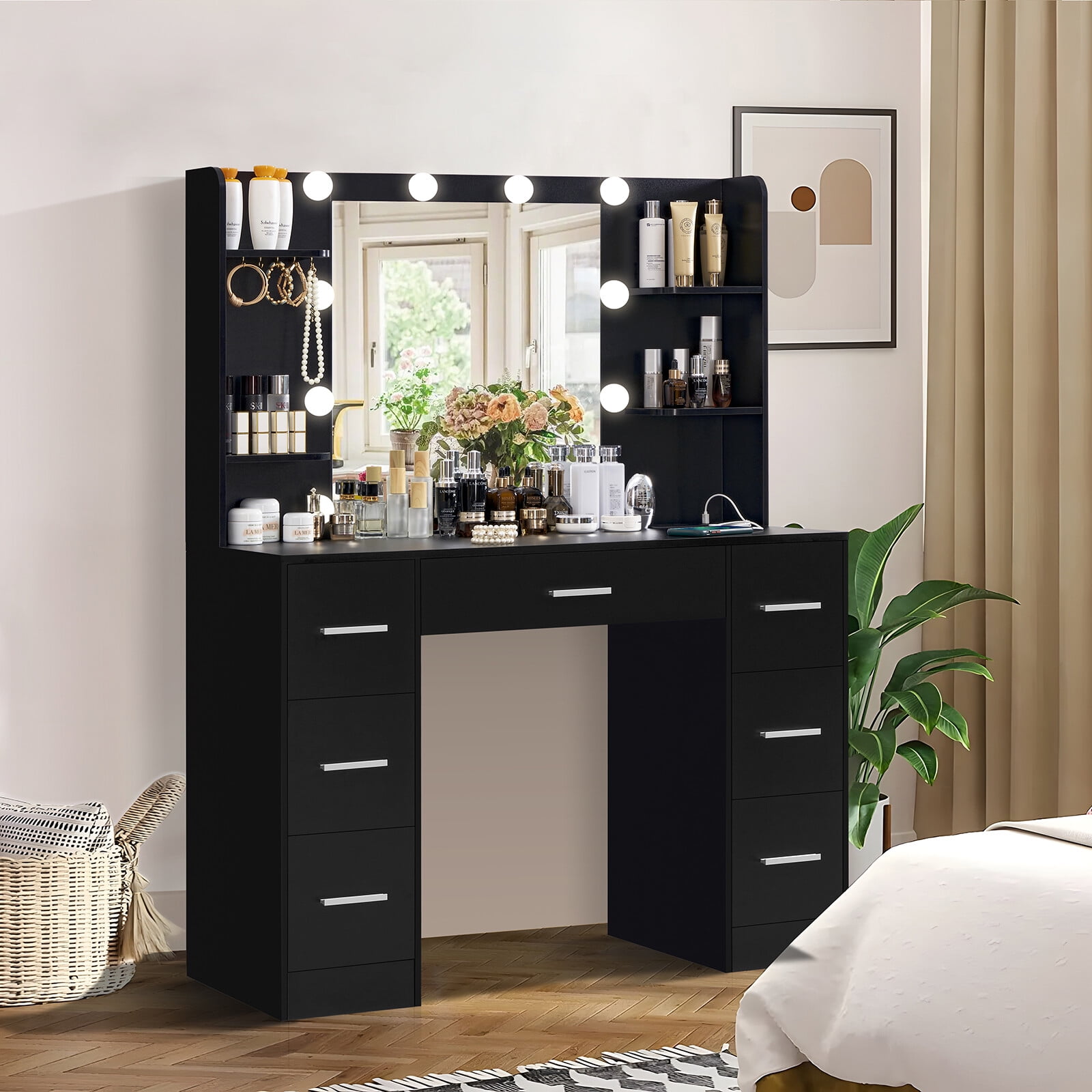 IWELL Large Vanity Desk with Mirror & Lights, Makeup Vanity with 6 ...