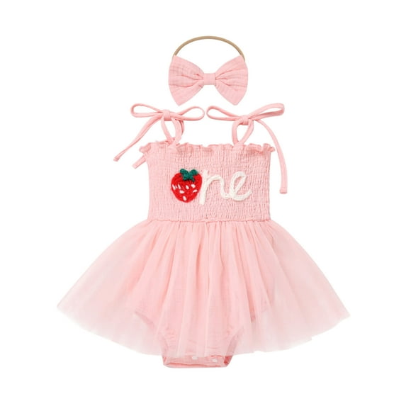 IWEMEK Baby Girl First Birthday Outfit Toddler Strawberry Pink Tulle Fairy Dress Infant Diaper Cover Romper Flutter Hem