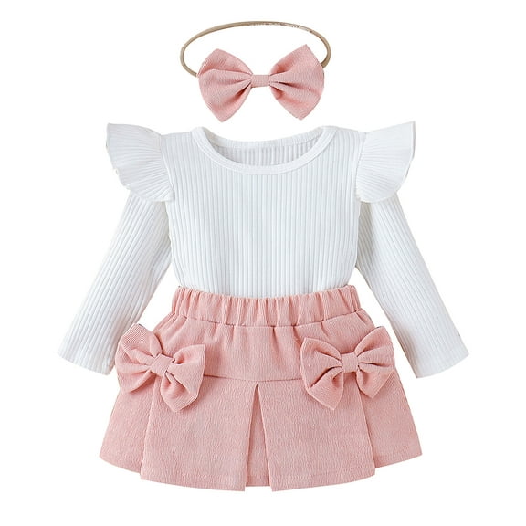 IWEMEK Baby Girl Outfits Fall Crewneck Fly Long Sleeve Knit Tops Fashion Cute Pink Skirt with Headwear 3Pcs Set 3-24M