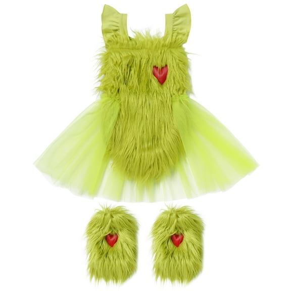 IWEMEK Baby Girl Romper Furry Faux Fur Baby Jumpsuit Elf Flying Sleeve Dress Solid Comfort Green One-piece Clothing 6M-6Y