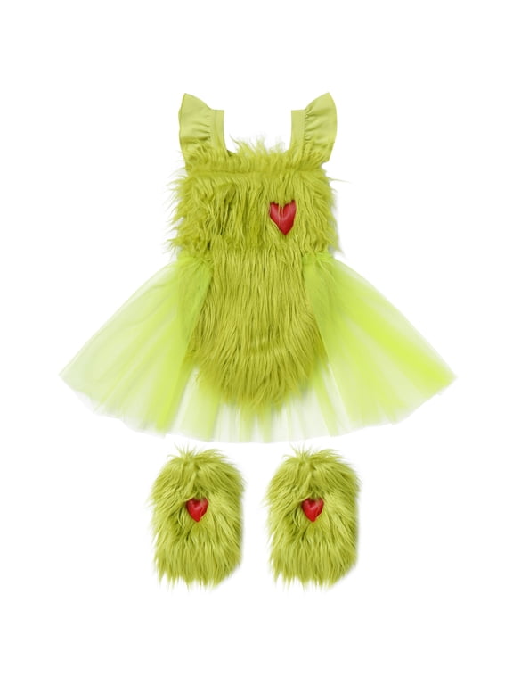 Baby Girl Romper Furry Faux Fur Baby Jumpsuit Elf Flying Sleeve Dress Solid Comfort Green One-piece Clothing 6M-6Y