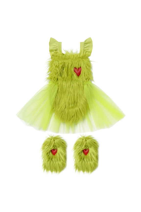 Baby Girl Romper Furry Faux Fur Baby Jumpsuit Elf Flying Sleeve Dress Solid Comfort Green One-piece Clothing 6M-6Y