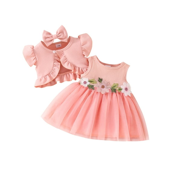 IWEMEK Baby Girls Dress Cute Pink Sheer Tutu Floral Embroidery Crew Neck Dresses Waffle Knit Bolero Shrug Size 3-6M