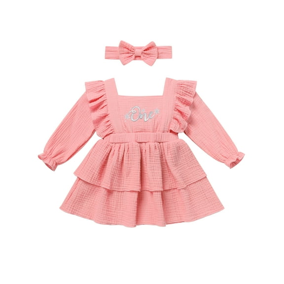 IWEMEK Baby Girls Dress Sweet Cute Pink First Birthday Outfit Casual Loose Comfy Fall Dresses Long Sleeve Clothing 12-18M